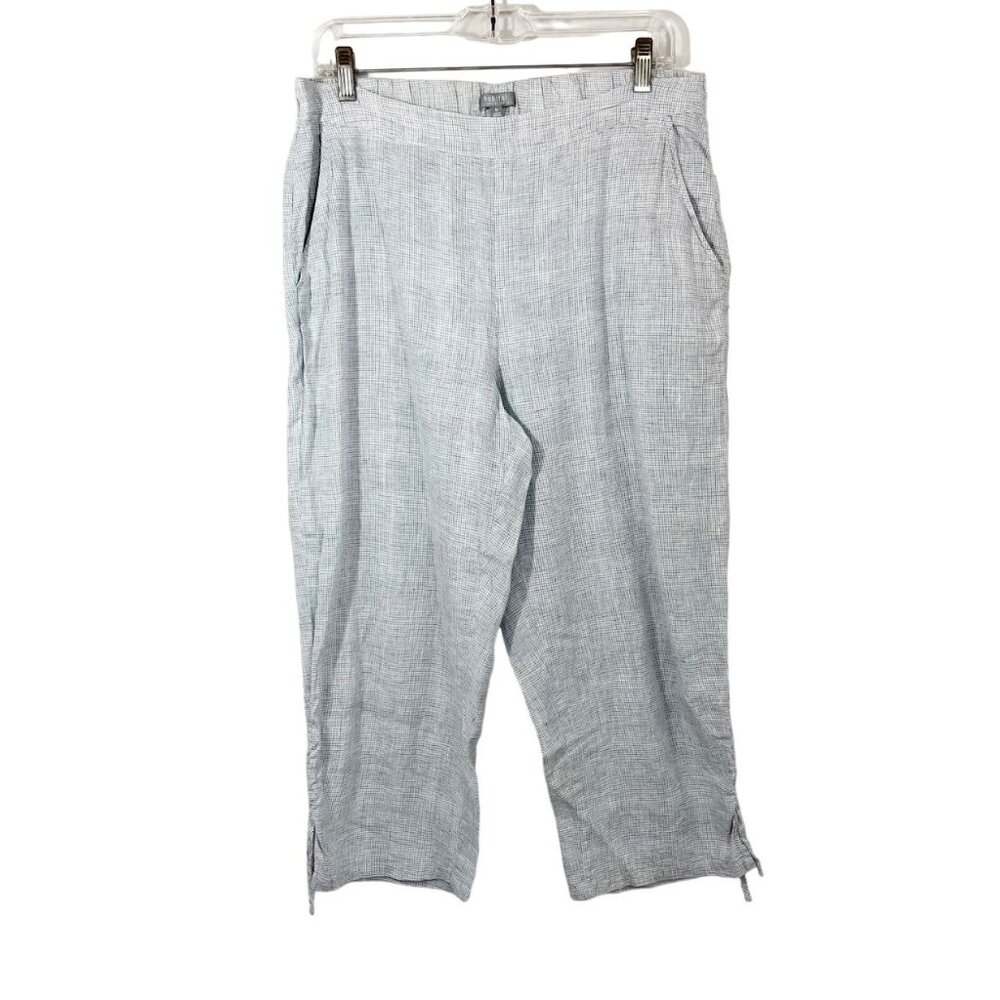 Habitat Linen Pull On Pants White Black Grid Print Drawstring Hem - Size Medium